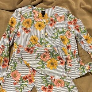 Rafaella Floral Striped Top with Button Detail